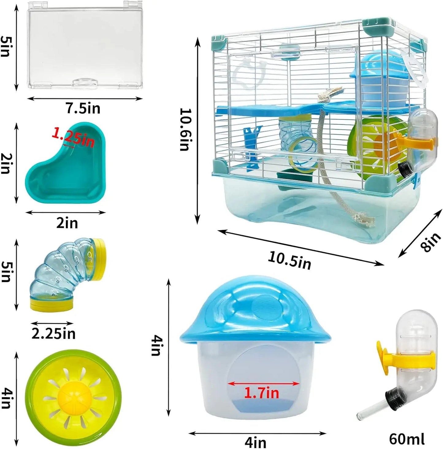 2 Layers Hamster Cage with Tubes Mouse Cage with Accessories Water Bottle Food Dish Transparent Hamster Habitat with Exercise Wh - Furbury