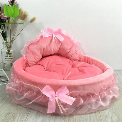 3D Fantasy Bow Lace Pet Bed for Dogs Romantic Detachable Oval Princess Pet Bed Dog Soft Sofa Nest Pet Wedding Furniture 1pc - Furbury