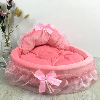 3D Fantasy Bow Lace Pet Bed for Dogs Romantic Detachable Oval Princess Pet Bed Dog Soft Sofa Nest Pet Wedding Furniture 1pc - Furbury