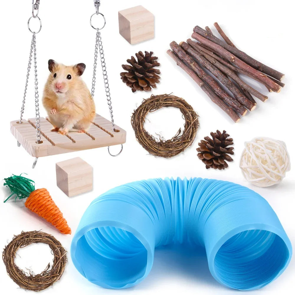 Combination Hamsters Rabbit Rat Toys Hamster Toys Set Pet Rabbit Guinea Pig Parrot Play Molar Wooden Supplies - Furbury