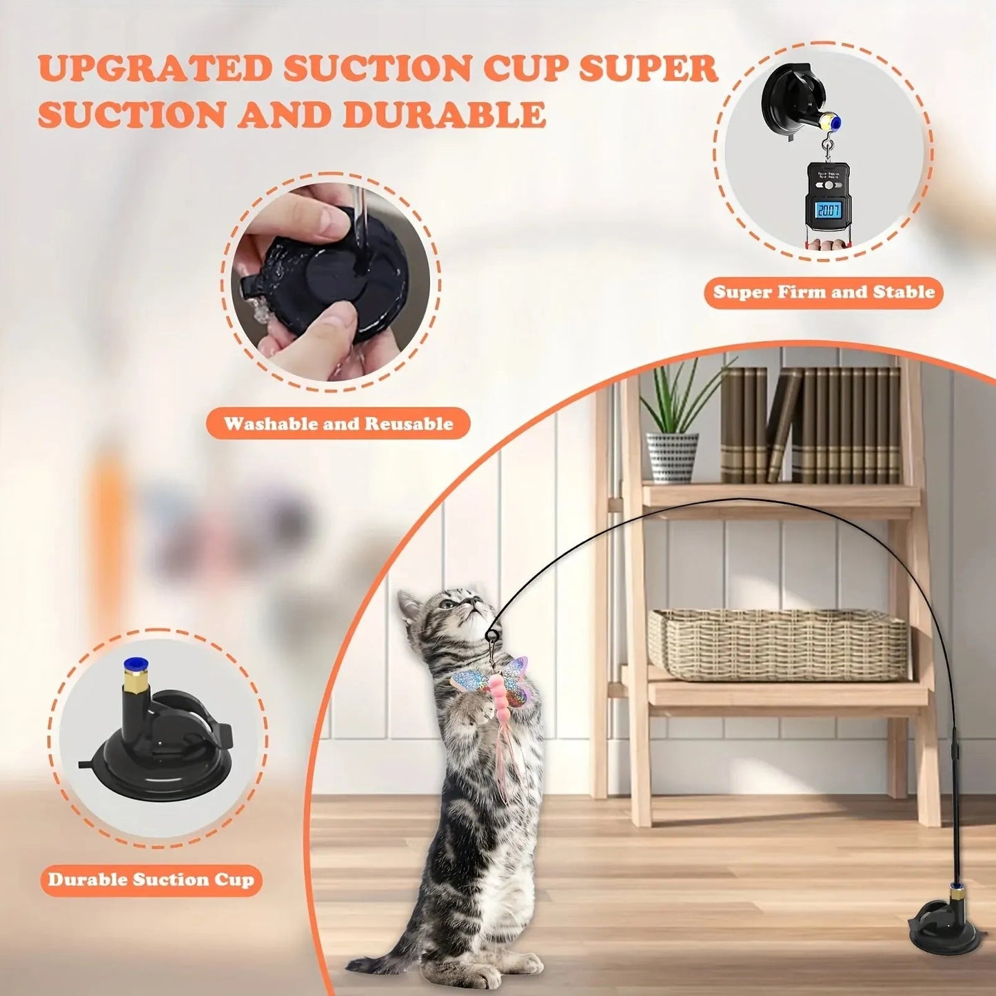 Cat Teaser Toy - Interactive Bell & Feather Wand - Long Suction Cup Pole for Exciting Playtime Adventures - Ultimate Cat Toy - Furbury