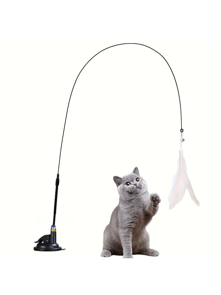 Cat Teaser Toy - Interactive Bell & Feather Wand - Long Suction Cup Pole for Exciting Playtime Adventures - Ultimate Cat Toy - Furbury