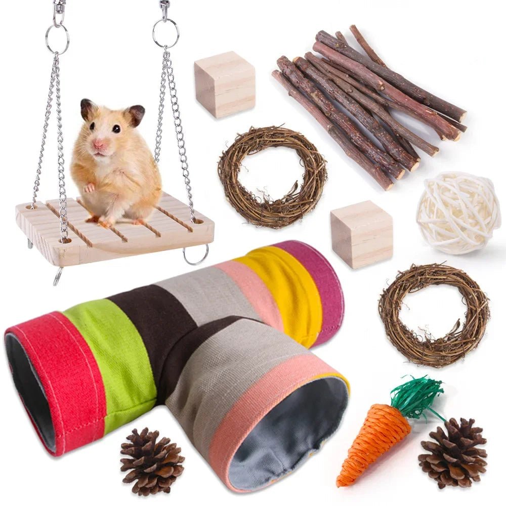 Combination Hamsters Rabbit Rat Toys Hamster Toys Set Pet Rabbit Guinea Pig Parrot Play Molar Wooden Supplies - Furbury