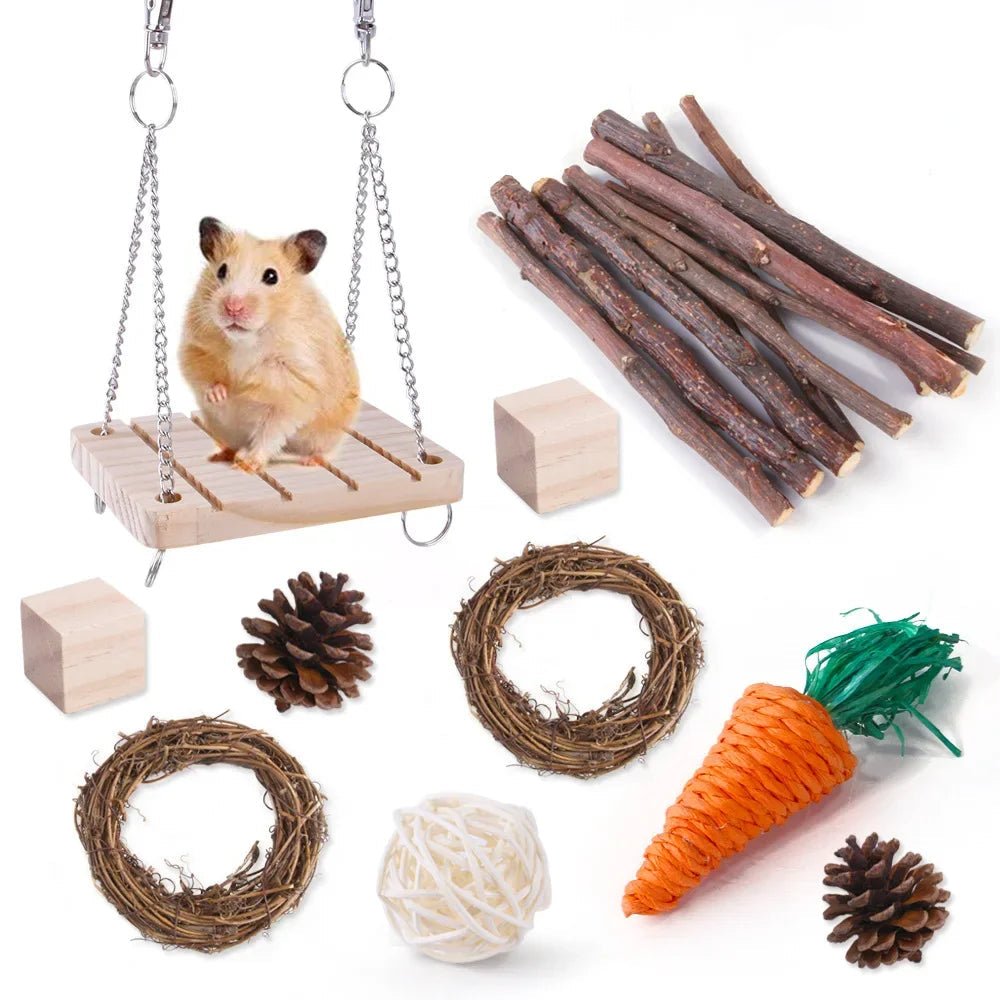 Combination Hamsters Rabbit Rat Toys Hamster Toys Set Pet Rabbit Guinea Pig Parrot Play Molar Wooden Supplies - Furbury