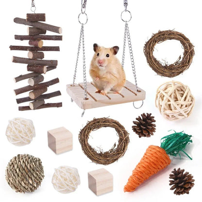 Combination Hamsters Rabbit Rat Toys Hamster Toys Set Pet Rabbit Guinea Pig Parrot Play Molar Wooden Supplies - Furbury