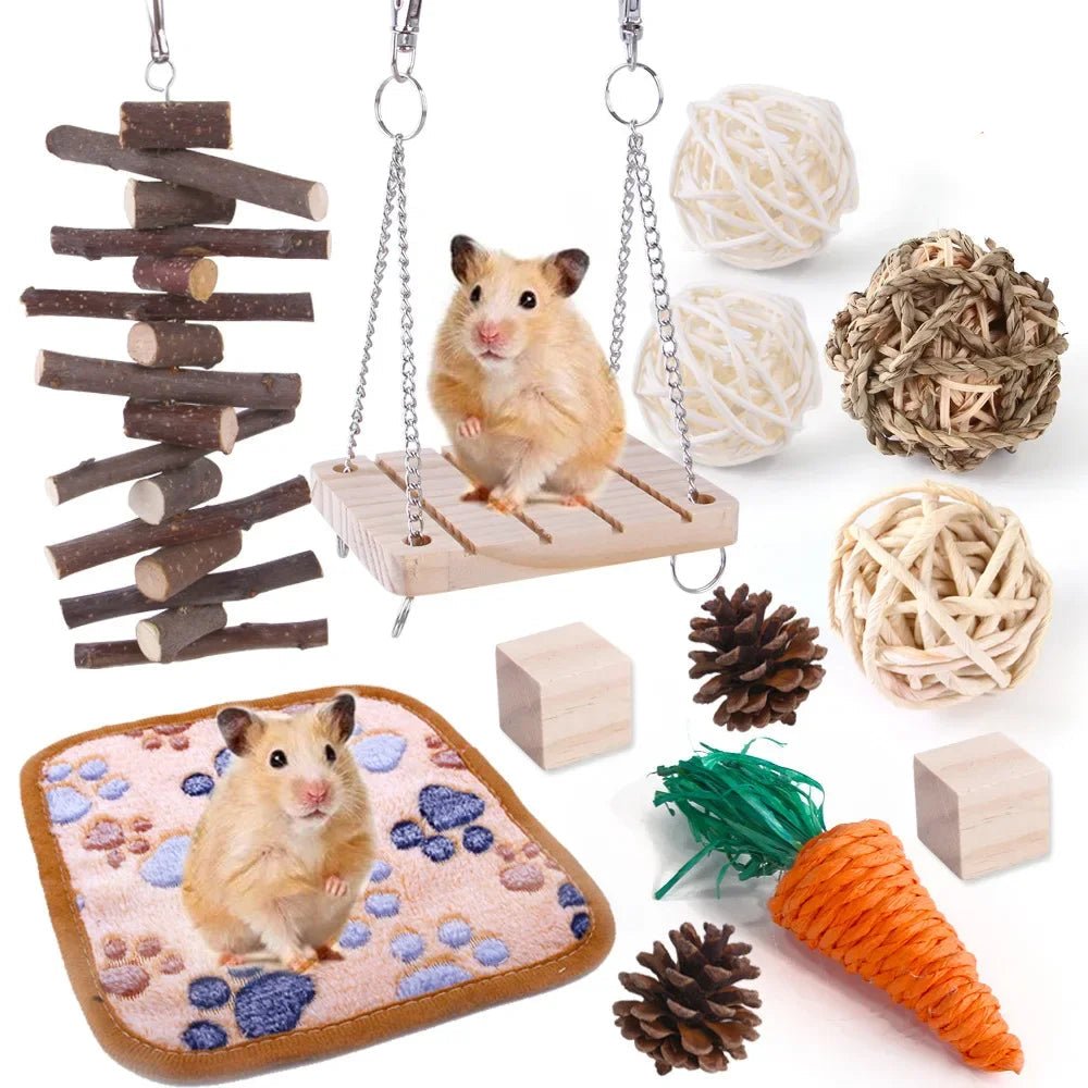 Combination Hamsters Rabbit Rat Toys Hamster Toys Set Pet Rabbit Guinea Pig Parrot Play Molar Wooden Supplies - Furbury