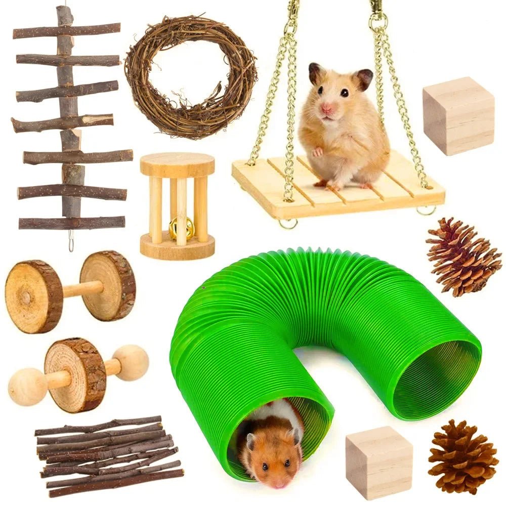 Combination Hamsters Rabbit Rat Toys Hamster Toys Set Pet Rabbit Guinea Pig Parrot Play Molar Wooden Supplies - Furbury