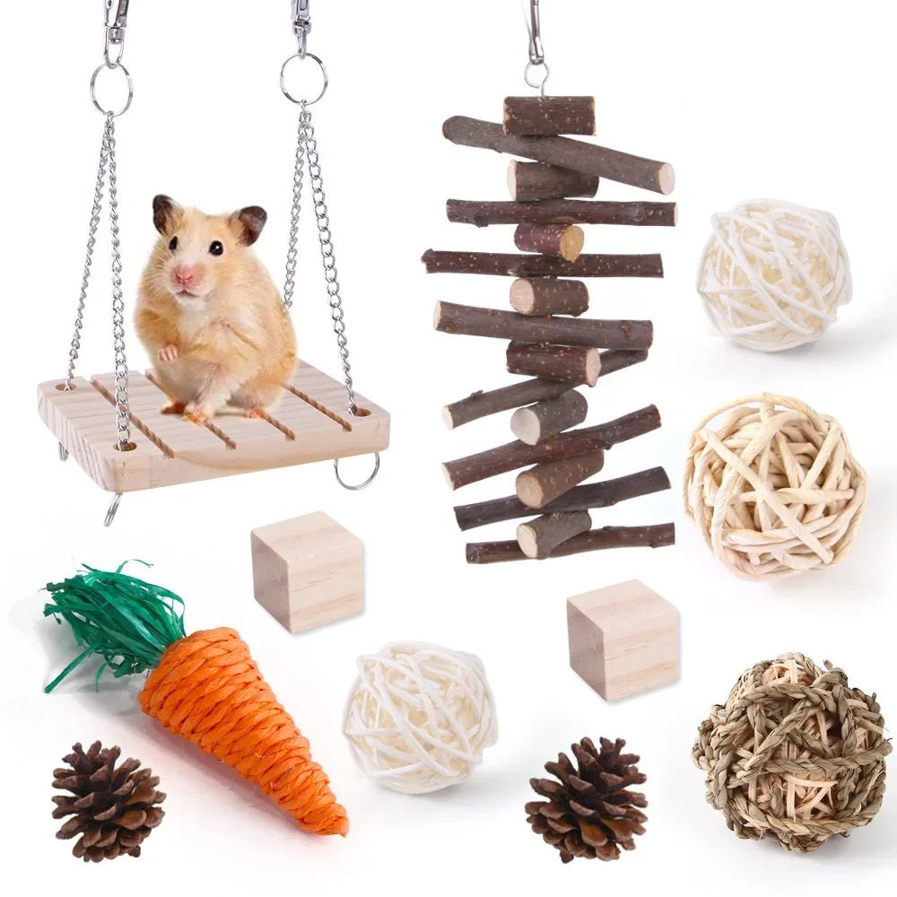 Combination Hamsters Rabbit Rat Toys Hamster Toys Set Pet Rabbit Guinea Pig Parrot Play Molar Wooden Supplies - Furbury