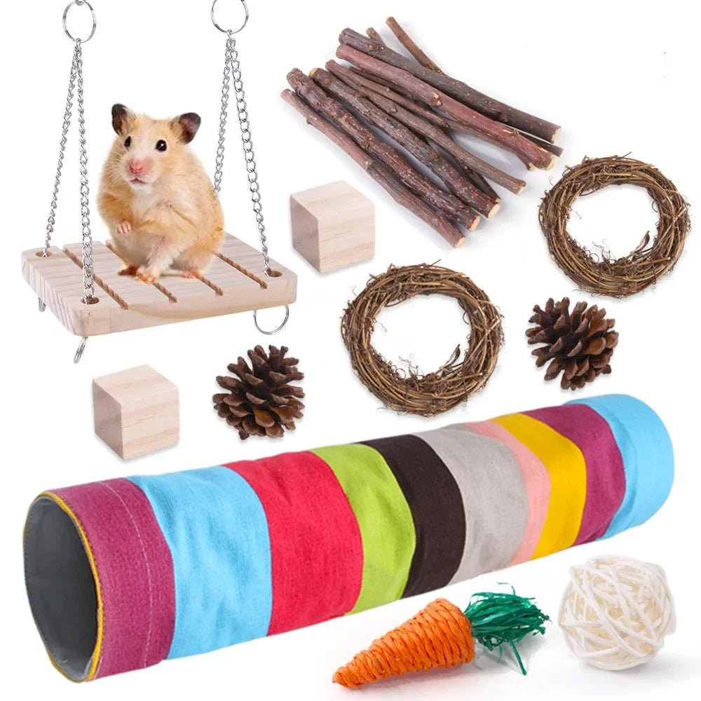 Combination Hamsters Rabbit Rat Toys Hamster Toys Set Pet Rabbit Guinea Pig Parrot Play Molar Wooden Supplies - Furbury