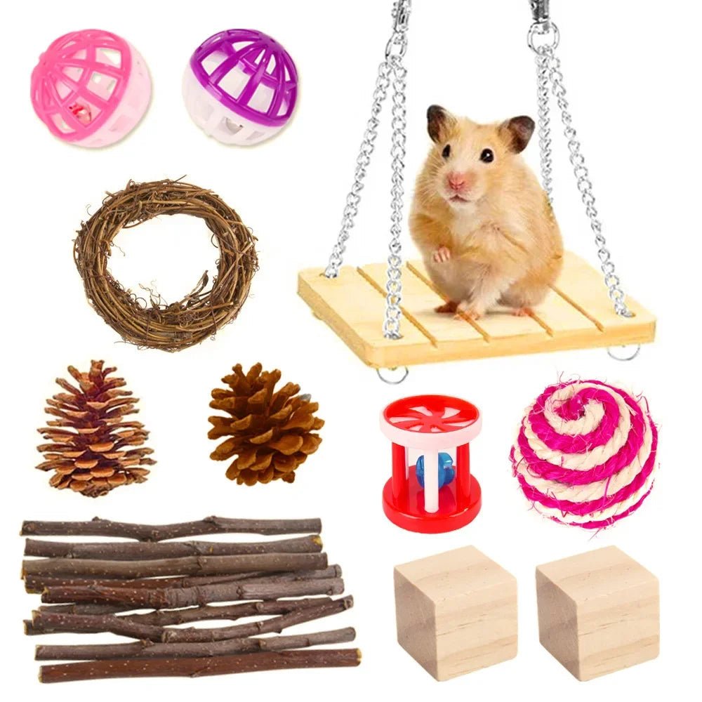 Combination Hamsters Rabbit Rat Toys Hamster Toys Set Pet Rabbit Guinea Pig Parrot Play Molar Wooden Supplies - Furbury