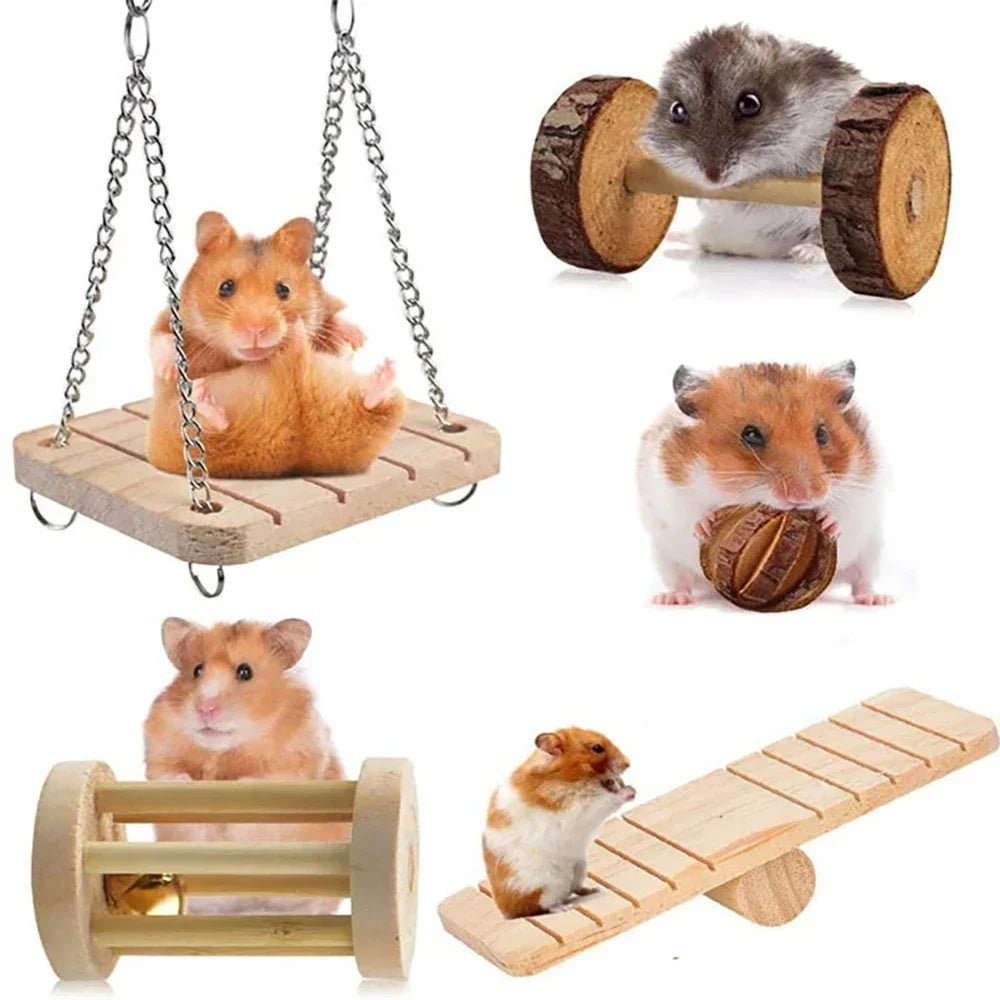 Cute Rabbit Roller Toys Natural Wooden Pine Dumbells Unicycle Bell Chew Toys for Guinea Pigs Rat Small Pet Molars Supplies - Furbury