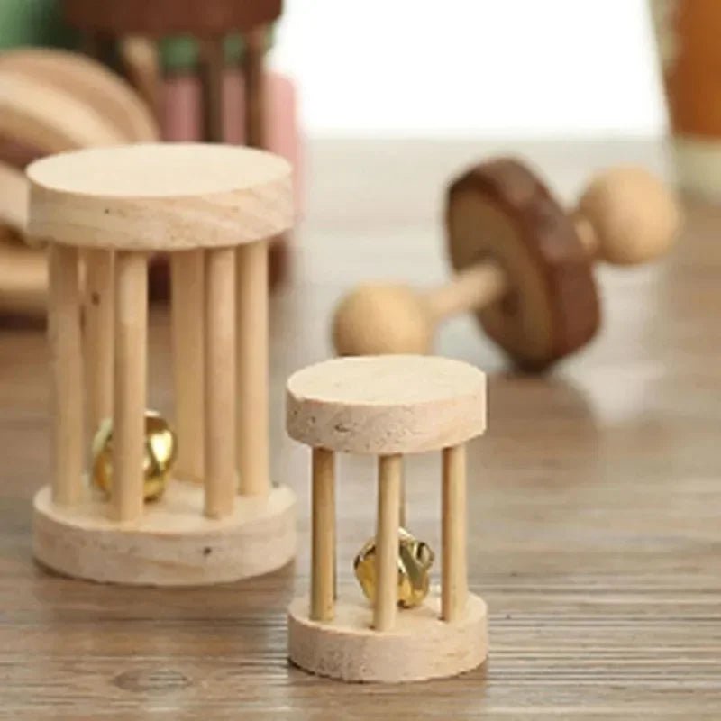 Cute Rabbit Roller Toys Natural Wooden Pine Dumbells Unicycle Bell Chew Toys for Guinea Pigs Rat Small Pet Molars Supplies - Furbury