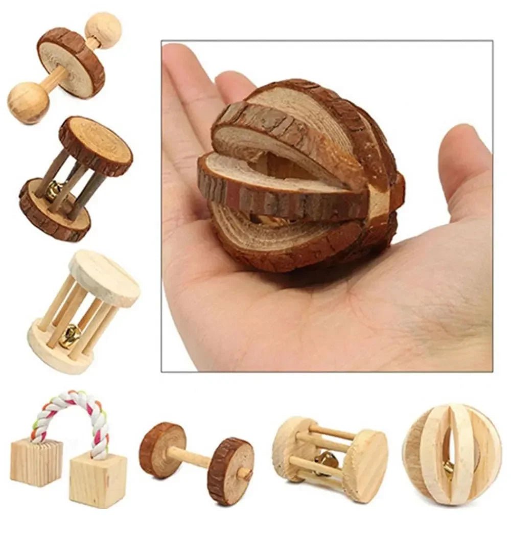 Cute Rabbit Roller Toys Natural Wooden Pine Dumbells Unicycle Bell Chew Toys for Guinea Pigs Rat Small Pet Molars Supplies - Furbury