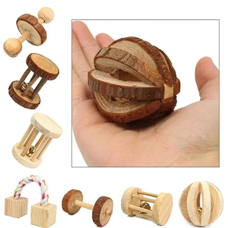 Cute Rabbit Roller Toys Natural Wooden Pine Dumbells Unicycle Bell Chew Toys for Guinea Pigs Rat Small Pet Molars Supplies - Furbury