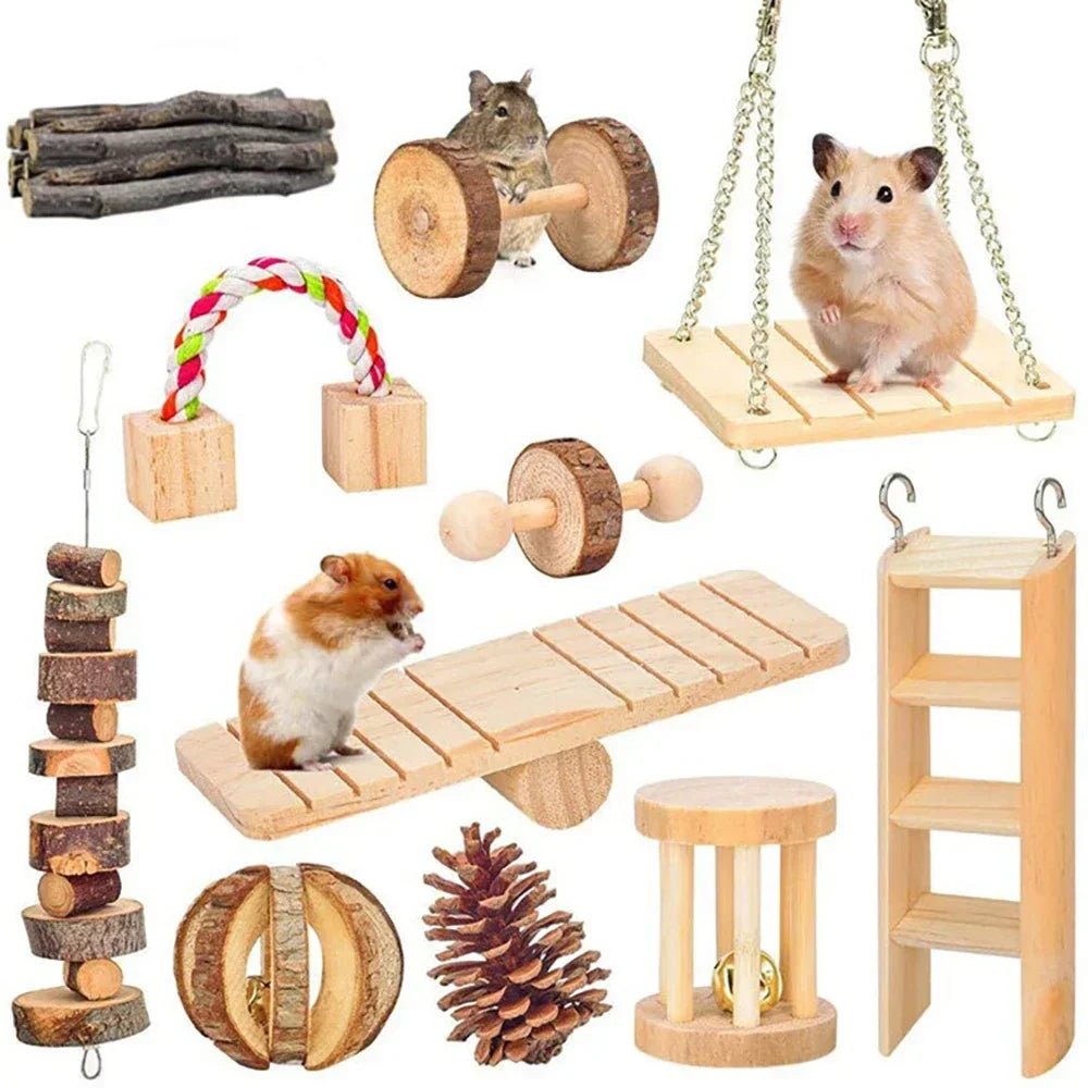 Cute Rabbit Roller Toys Natural Wooden Pine Dumbells Unicycle Bell Chew Toys for Guinea Pigs Rat Small Pet Molars Supplies - Furbury