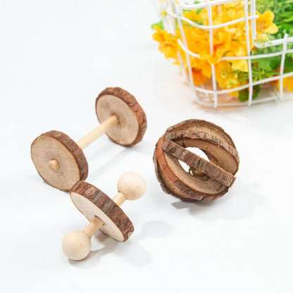 Cute Rabbit Roller Toys Natural Wooden Pine Dumbells Unicycle Bell Chew Toys for Guinea Pigs Rat Small Pet Molars Supplies - Furbury