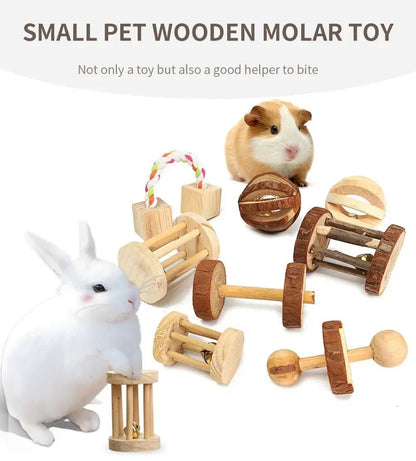 Cute Rabbit Roller Toys Natural Wooden Pine Dumbells Unicycle Bell Chew Toys for Guinea Pigs Rat Small Pet Molars Supplies - Furbury