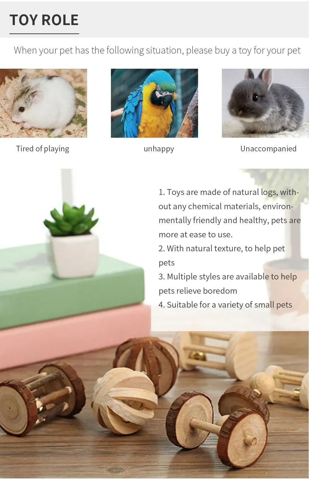 Cute Rabbit Roller Toys Natural Wooden Pine Dumbells Unicycle Bell Chew Toys for Guinea Pigs Rat Small Pet Molars Supplies - Furbury