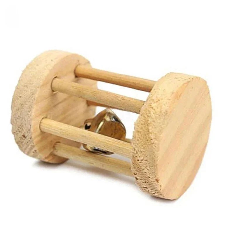 Cute Rabbit Roller Toys Natural Wooden Pine Dumbells Unicycle Bell Chew Toys for Guinea Pigs Rat Small Pet Molars Supplies - Furbury