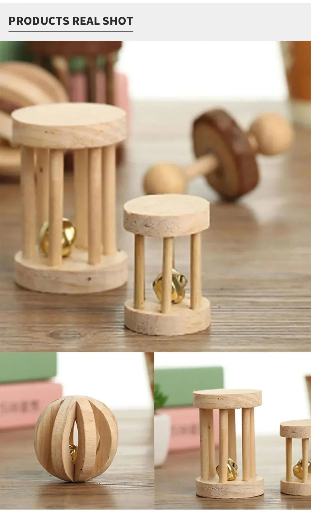 Cute Rabbit Roller Toys Natural Wooden Pine Dumbells Unicycle Bell Chew Toys for Guinea Pigs Rat Small Pet Molars Supplies - Furbury