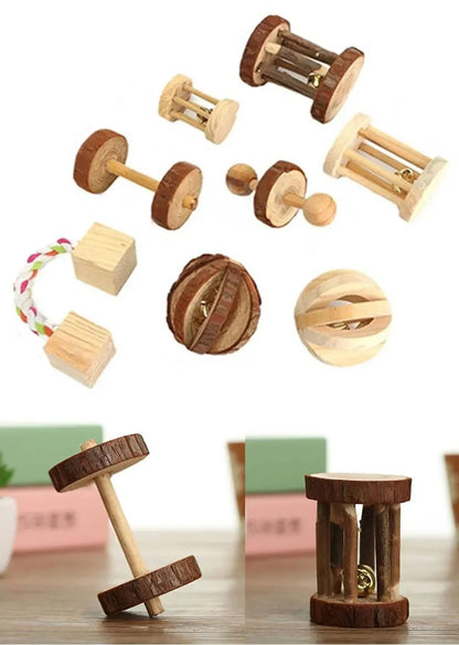 Cute Rabbit Roller Toys Natural Wooden Pine Dumbells Unicycle Bell Chew Toys for Guinea Pigs Rat Small Pet Molars Supplies - Furbury