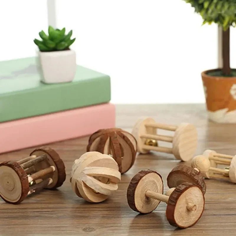 Cute Rabbit Roller Toys Natural Wooden Pine Dumbells Unicycle Bell Chew Toys for Guinea Pigs Rat Small Pet Molars Supplies - Furbury