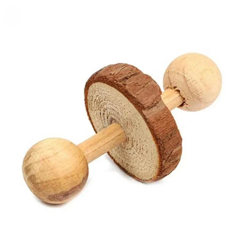 Cute Rabbit Roller Toys Natural Wooden Pine Dumbells Unicycle Bell Chew Toys for Guinea Pigs Rat Small Pet Molars Supplies - Furbury