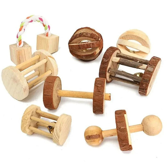 Cute Rabbit Roller Toys Natural Wooden Pine Dumbells Unicycle Bell Chew Toys for Guinea Pigs Rat Small Pet Molars Supplies - Furbury