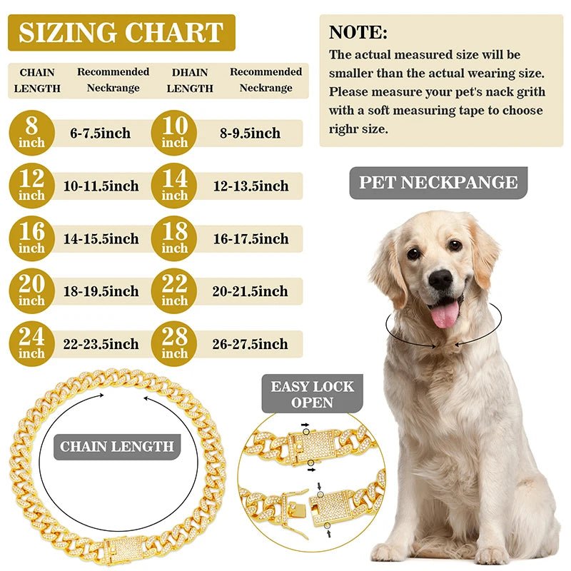 Dog Chain Collar Diamond Cuban Link Necklace Metal Cat Chain Pet Crystal Collar Jewelry Accessories for Dogs Cats - Furbury