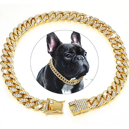 Dog Chain Collar Diamond Cuban Link Necklace Metal Cat Chain Pet Crystal Collar Jewelry Accessories for Dogs Cats - Furbury