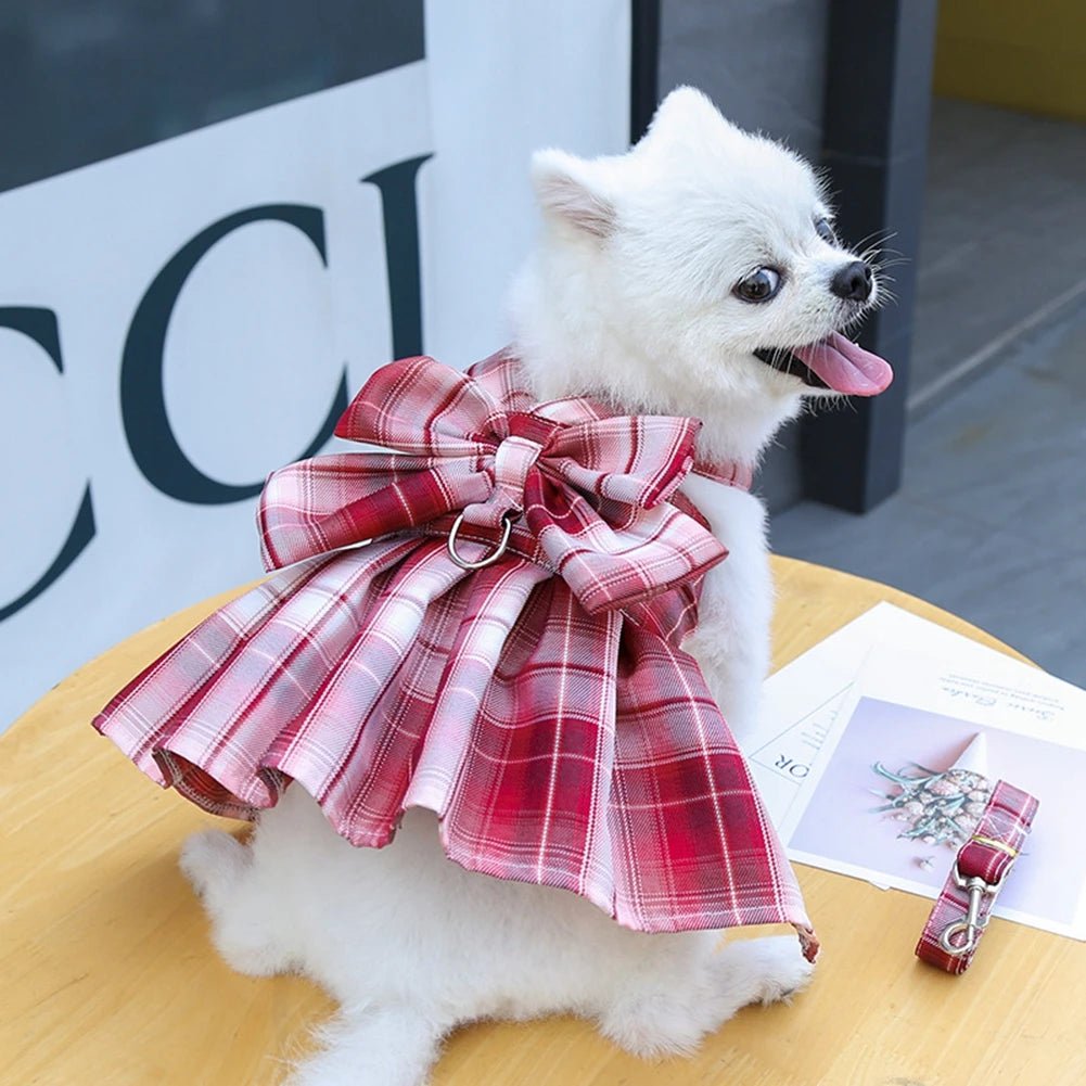 Dog Collar Dress Bow Pet Harness Skirt Vest Clothes Pet Dog Dress Up Harness Clothing with Leash Traction Rope Princess Dress - Furbury