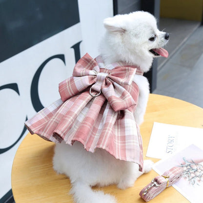 Dog Collar Dress Bow Pet Harness Skirt Vest Clothes Pet Dog Dress Up Harness Clothing with Leash Traction Rope Princess Dress - Furbury