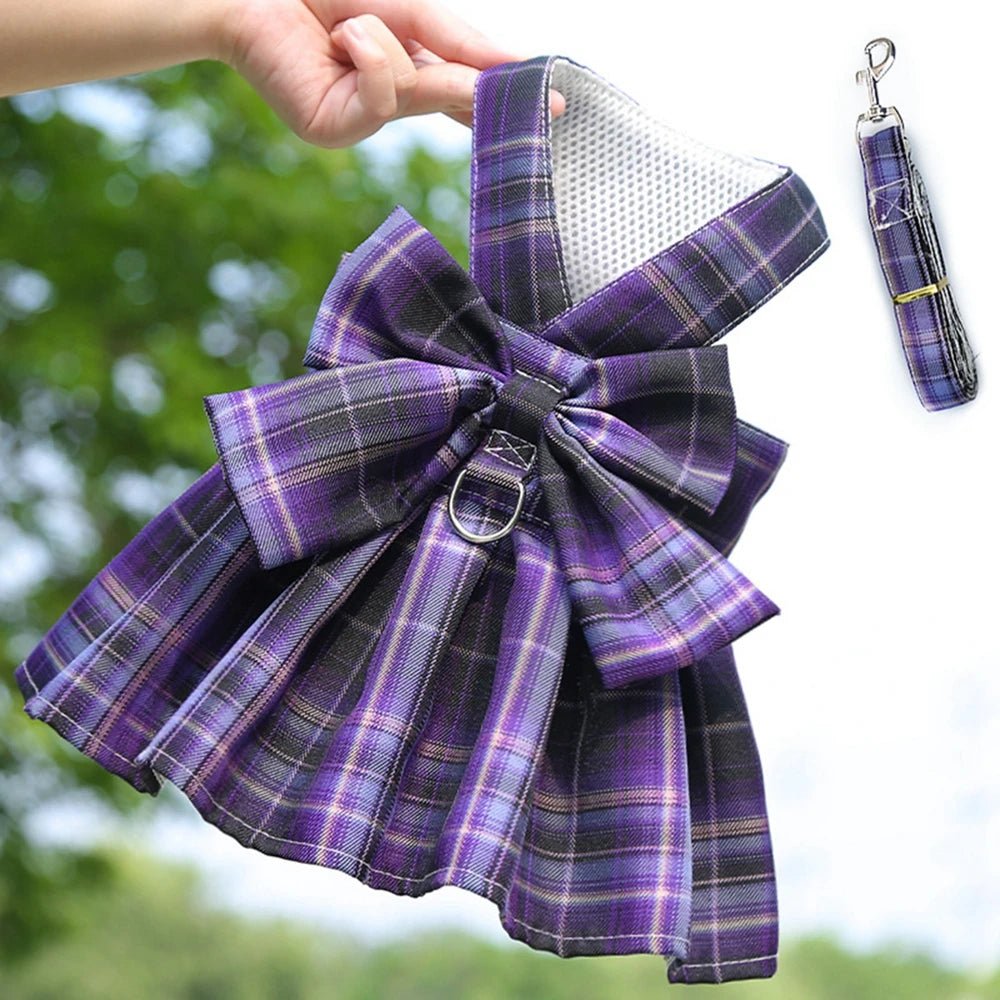 Dog Collar Dress Bow Pet Harness Skirt Vest Clothes Pet Dog Dress Up Harness Clothing with Leash Traction Rope Princess Dress - Furbury