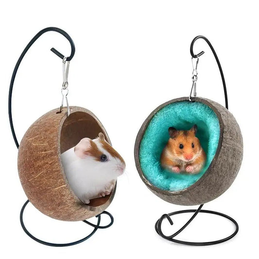 Hamster Coconut Bed Natural Coconut Hamster Hideout Hammock Suspension Coconut Husk Hamster Bed House With Warm Pad Small Animal - Furbury