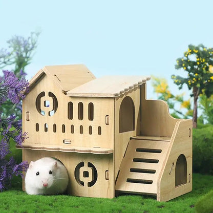 Hamster Nest Hiding House Solid Wood Small House Stair Platform Climbing Ladder Golden Bear Cage Hamster Hideout Wooden Habitat - Furbury