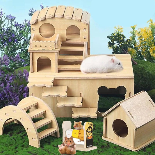 Hamster Nest Hiding House Solid Wood Small House Stair Platform Climbing Ladder Golden Bear Cage Hamster Hideout Wooden Habitat - Furbury