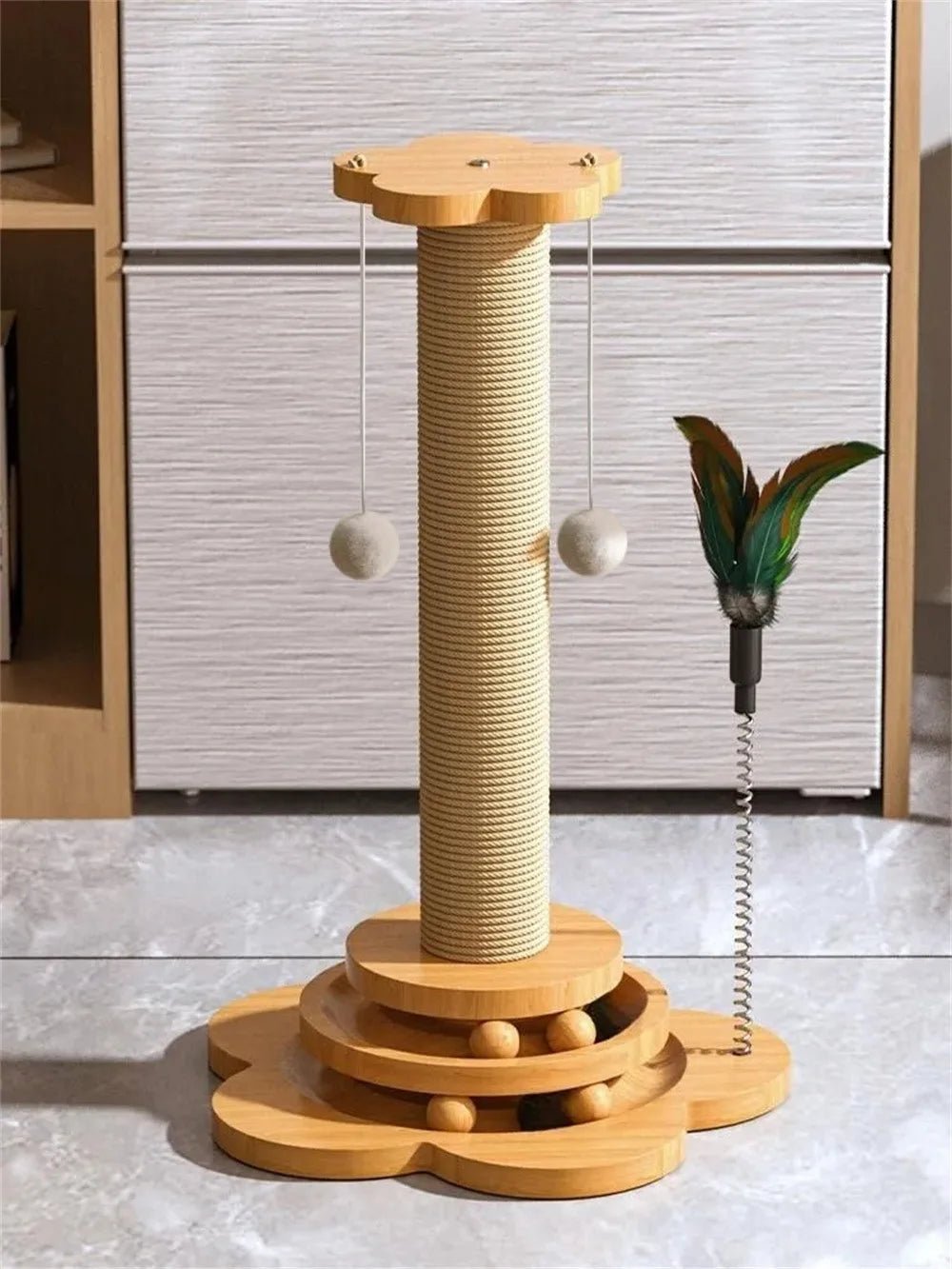 Pet Cat Toy Solid Wood Cat Turntable Funny Cat Stick Balls Durable Sisal Scratching Board Cat Supplies Cat Grab Column - Furbury