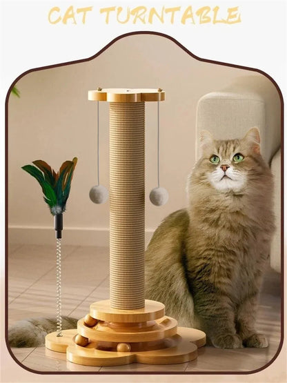 Pet Cat Toy Solid Wood Cat Turntable Funny Cat Stick Balls Durable Sisal Scratching Board Cat Supplies Cat Grab Column - Furbury