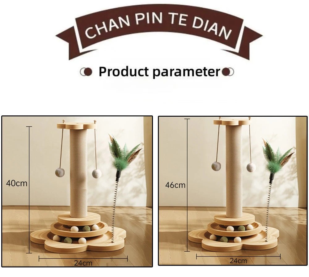 Pet Cat Toy Solid Wood Cat Turntable Funny Cat Stick Balls Durable Sisal Scratching Board Cat Supplies Cat Grab Column - Furbury