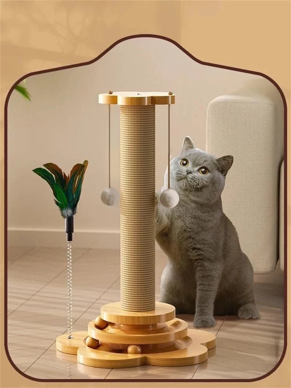 Pet Cat Toy Solid Wood Cat Turntable Funny Cat Stick Balls Durable Sisal Scratching Board Cat Supplies Cat Grab Column - Furbury