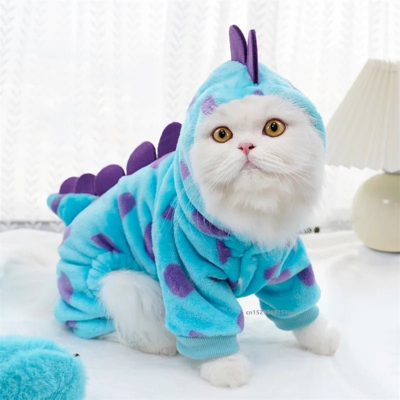 Pet Clothing Dog Cat Autumn and Winter Thickened Warm Blue Dinosaur Hooded Coat Puppy Costume For Small Medium Dogs - Furbury