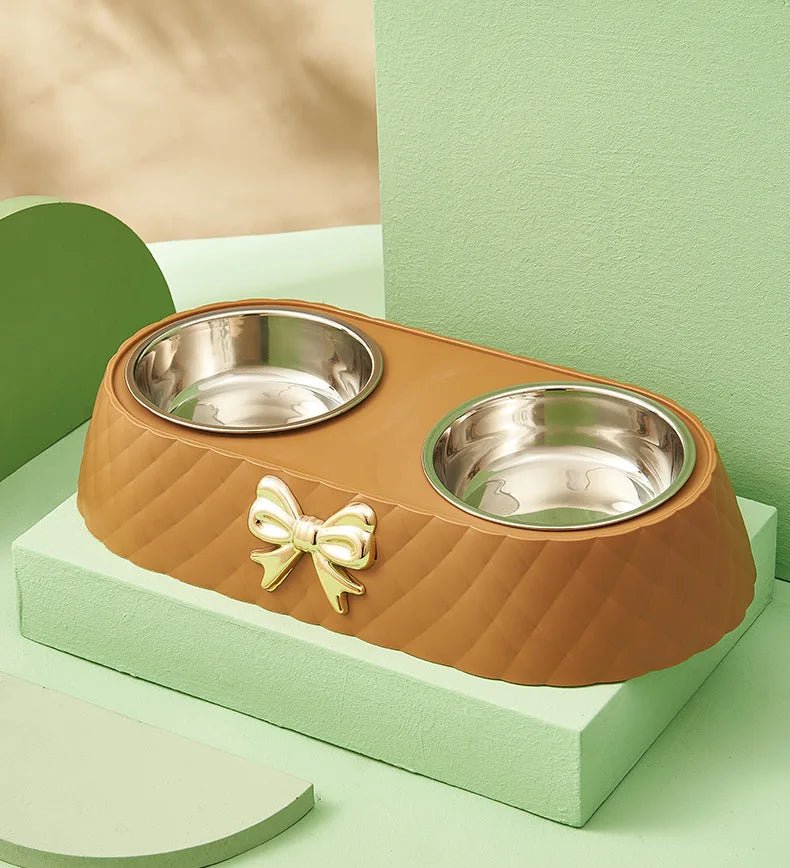 Pet Supplies Bow - tie Bowknot Cats Food Bowl PP Base Dog Bowl Stainless Steel Double Pet Accessories Feeding Drinking Double Bowl - Furbury