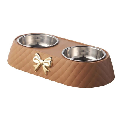 Pet Supplies Bow - tie Bowknot Cats Food Bowl PP Base Dog Bowl Stainless Steel Double Pet Accessories Feeding Drinking Double Bowl - Furbury