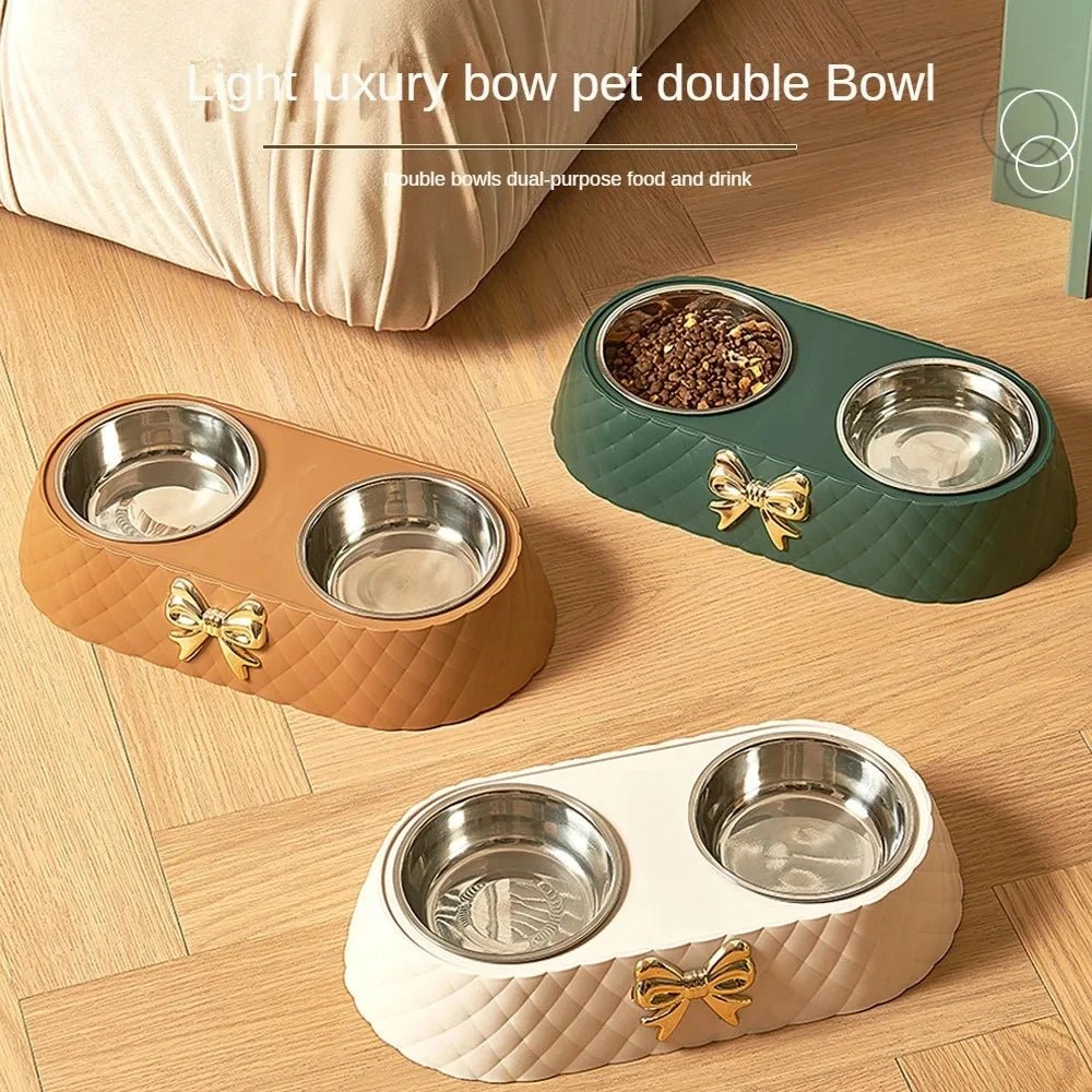 Pet Supplies Bow - tie Bowknot Cats Food Bowl PP Base Dog Bowl Stainless Steel Double Pet Accessories Feeding Drinking Double Bowl - Furbury