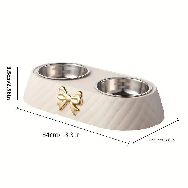 Pet Supplies Bow - tie Bowknot Cats Food Bowl PP Base Dog Bowl Stainless Steel Double Pet Accessories Feeding Drinking Double Bowl - Furbury