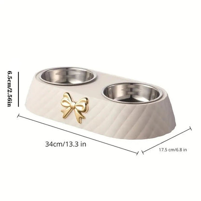 Pet Supplies Bow - tie Bowknot Cats Food Bowl PP Base Dog Bowl Stainless Steel Double Pet Accessories Feeding Drinking Double Bowl - Furbury