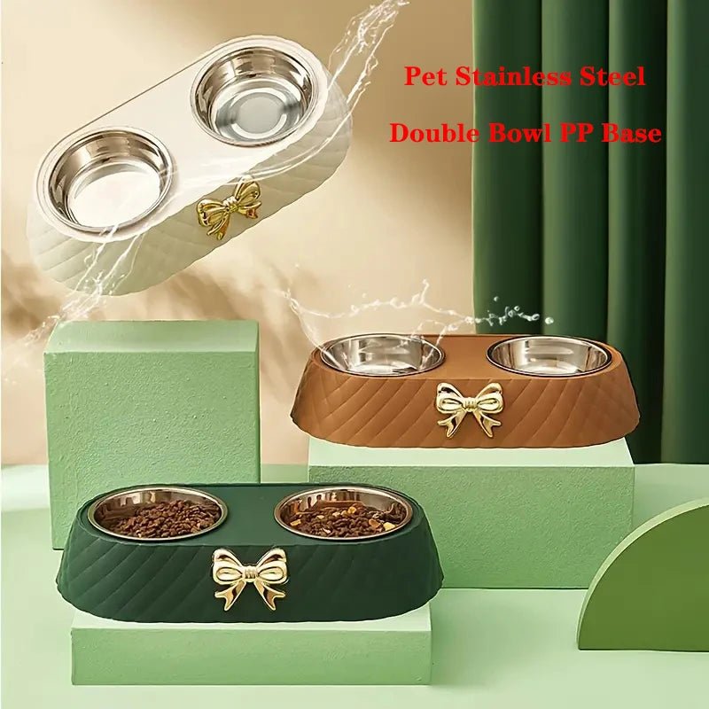 Pet Supplies Bow - tie Bowknot Cats Food Bowl PP Base Dog Bowl Stainless Steel Double Pet Accessories Feeding Drinking Double Bowl - Furbury