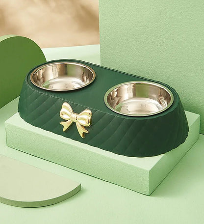 Pet Supplies Bow - tie Bowknot Cats Food Bowl PP Base Dog Bowl Stainless Steel Double Pet Accessories Feeding Drinking Double Bowl - Furbury