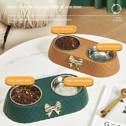 Pet Supplies Bow - tie Bowknot Cats Food Bowl PP Base Dog Bowl Stainless Steel Double Pet Accessories Feeding Drinking Double Bowl - Furbury