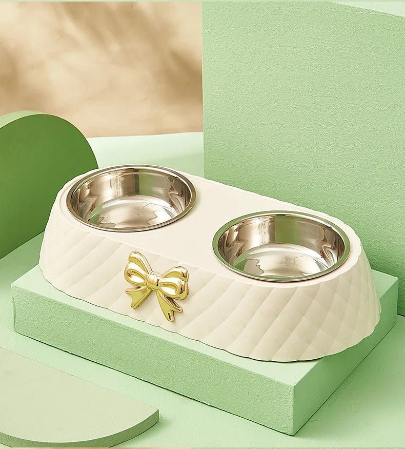 Pet Supplies Bow - tie Bowknot Cats Food Bowl PP Base Dog Bowl Stainless Steel Double Pet Accessories Feeding Drinking Double Bowl - Furbury